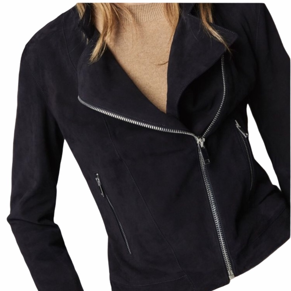 💯Real Suede Massimo Dutti Navy Moto Jacket - Picture 1 of 12